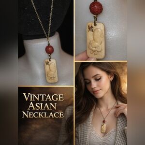 Vintage Cinnabar‎ bead Asian Boar necklace